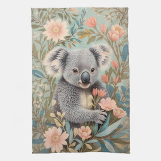 Cute Koala Elegant Pastel Floral Tea Towel