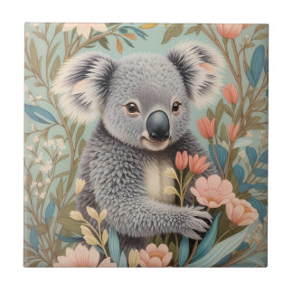 Cute Koala Elegant Pastel Floral Tile
