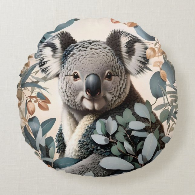 Cute Koala Eucalyptus Leaves Round Cushion (Front)