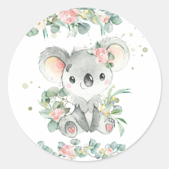 Cute Koala Eucalyptus Pink Floral Favour Classic Round Sticker (Front)