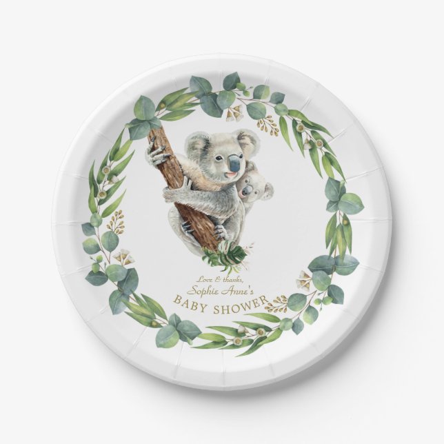 Cute Koala Eucalyptus Wreath Girl Baby Shower Paper Plate (Front)