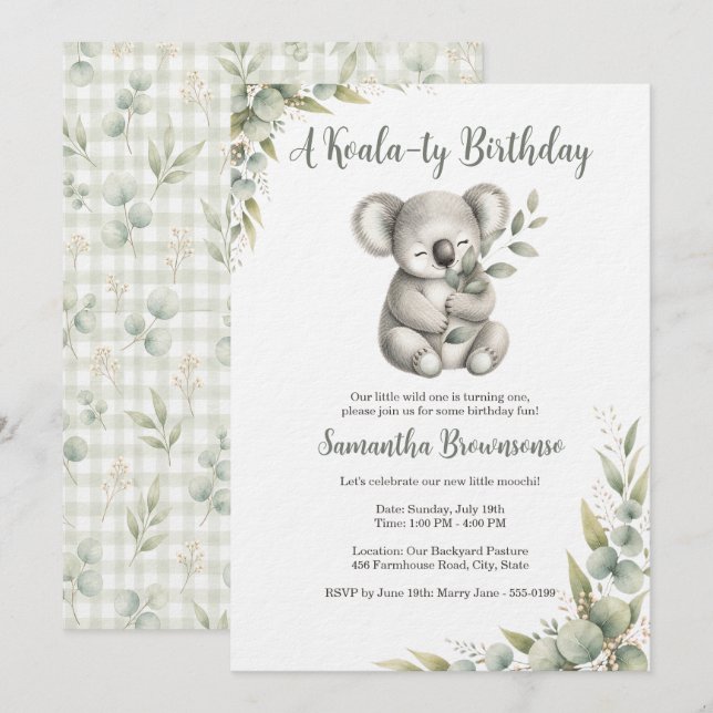 Cute Koala First Birthday Invitation (Front/Back)