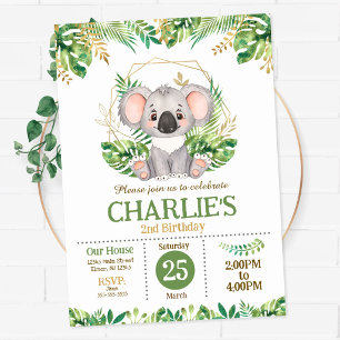 Cute Koala Floral Sage Greenery 2nd Birthday Invitation