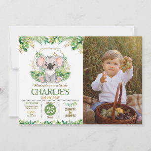 Cute Koala Floral Sage Greenery 2nd Birthday Photo Invitation