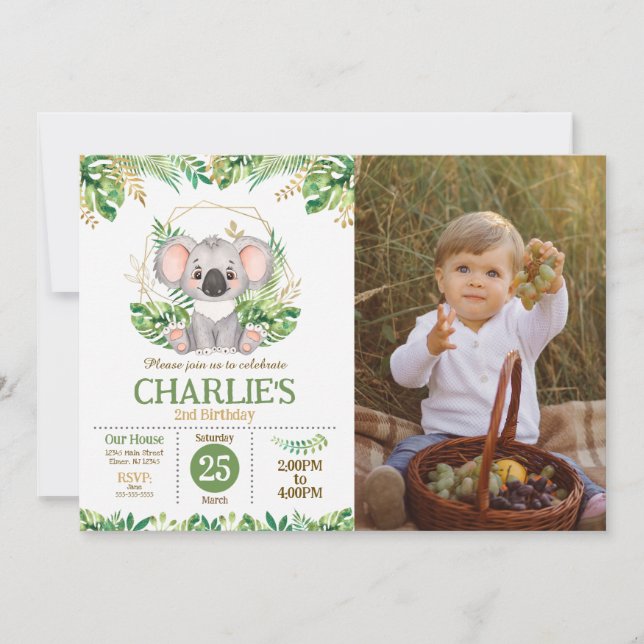 Cute Koala Floral Sage Greenery 2nd Birthday Photo Invitation (Front)