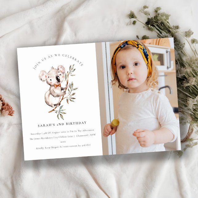 Cute Koala Foliage Photo Any Age Birthday Invite (Creator Uploaded)
