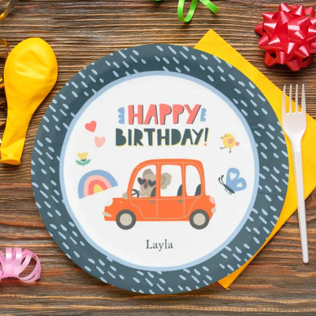 Cute Koala Girl First Name Happy Birthday Party Paper Plate (Creator Uploaded)