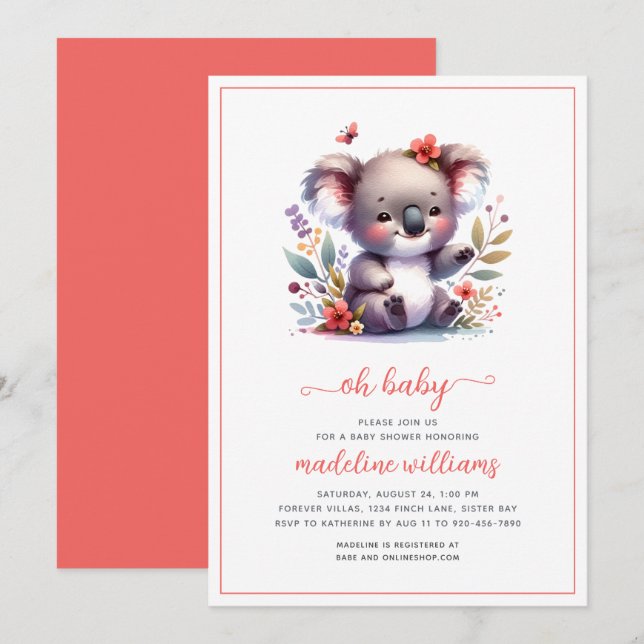 Cute Koala Girl Oh Baby Shower Invitation (Front/Back)