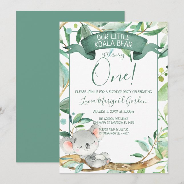 Cute Koala Green Grey First Birthday Party Invitation (Front/Back)