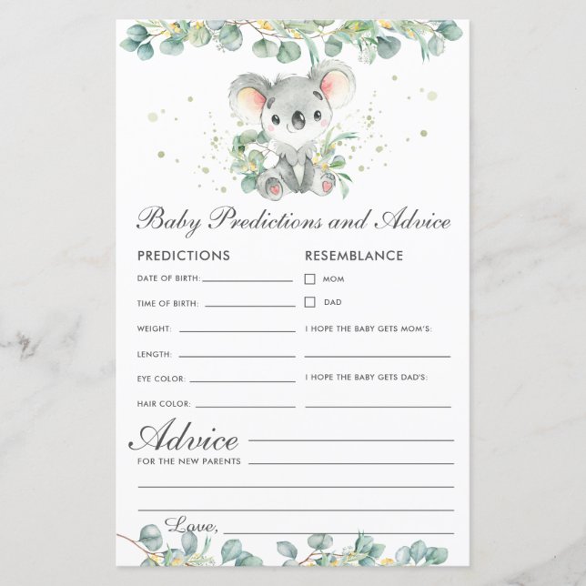 Cute Koala Greenery Baby Predictions and Advice (Front)