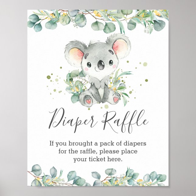 Cute Koala Greenery Baby Shower Diaper Raffle Sign (Front)