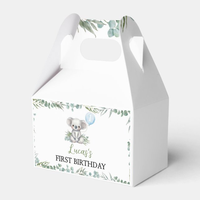 Cute Koala Greenery Boy Birthday Favour Boxes (Front Side)