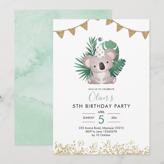Cute Koala Greenery Kid's Birthday Invitation (Front/Back)