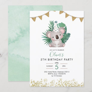 Cute Koala Greenery Kid's Birthday Invitation