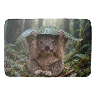 Cute Koala Holding Large Leaf As Umbrella In Rain Bath Mat