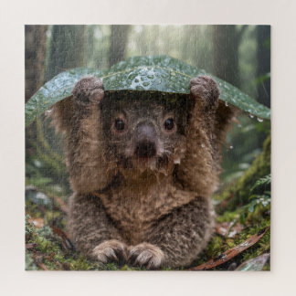 Cute Koala Holding Large Leaf As Umbrella In Rain Jigsaw Puzzle
