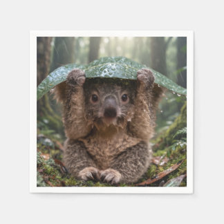 Cute Koala Holding Large Leaf As Umbrella In Rain Napkin