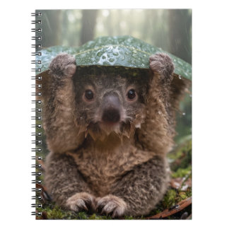 Cute Koala Holding Large Leaf As Umbrella In Rain Notebook