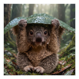 Cute Koala Holding Large Leaf As Umbrella In Rain Poster