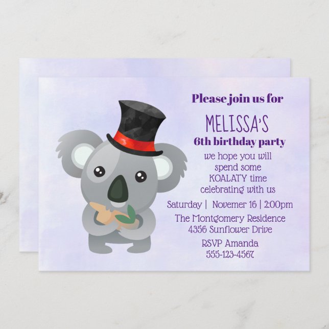 Cute Koala in a Black Top Hat Birthday Party Invitation (Front/Back)