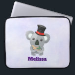 Cute Koala in a Black Top Hat Laptop Sleeve<br><div class="desc">A laptop sleeve with an illustration of a cute grey koala eating some eucalyptus leaves,  wearing a fancy black top hat with a red ribbon. Set on a light purple digital watercolor background.</div>