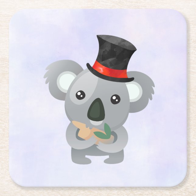 Cute Koala in a Black Top Hat Square Paper Coaster (Front)