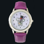 Cute Koala in a Black Top Hat Watch<br><div class="desc">A watch designed with an illustration of a cute grey koala eating some eucalyptus leaves,  wearing a fancy black top hat with a red ribbon. Purple digital watercolor background.</div>