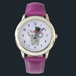 Cute Koala in a Black Top Hat Watch<br><div class="desc">A watch designed with an illustration of a cute grey koala eating some eucalyptus leaves,  wearing a fancy black top hat with a red ribbon. Purple digital watercolor background.</div>