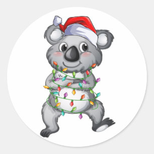 Cute koala in christmas lights classic round stick classic round sticker