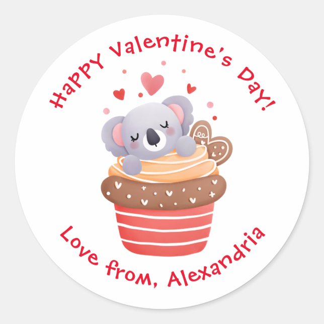 Cute Koala in Cupcake Custom Kids Valentine's Day Classic Round Sticker (Front)