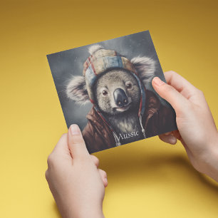 Cute Koala in Winter Hat Custom Name Holiday Card