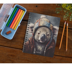 Cute Koala in Winter Hat Custom Name Notebook