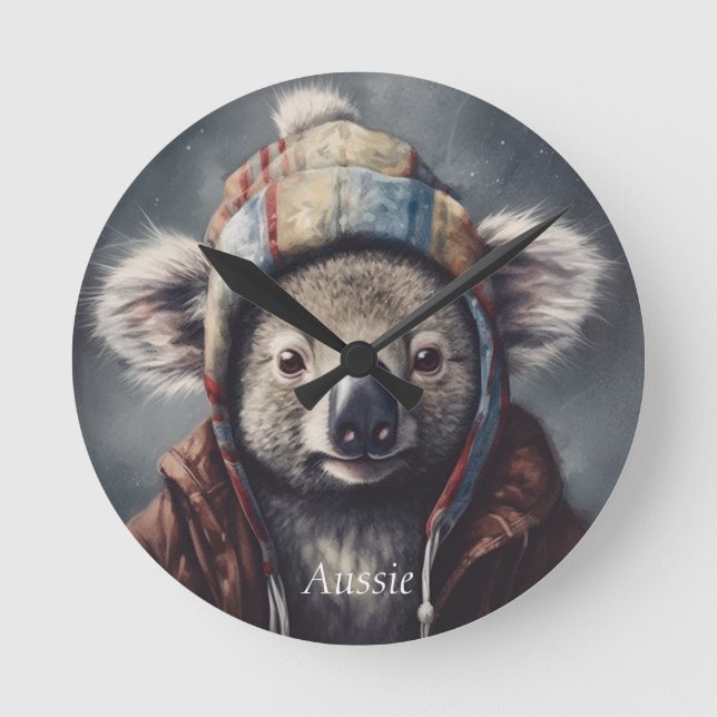 Cute Koala in Winter Hat Custom Name Round Clock (Front)