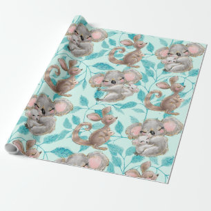 Cute Koala, Kangaroo Baby Green Wrapping Paper