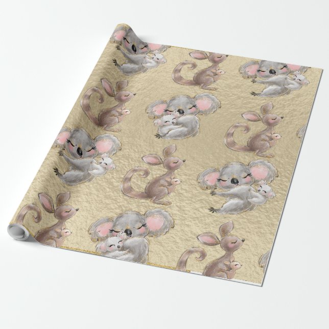 Cute Koala, Kangaroo, Gold Foil Wrapping Paper (Unrolled)