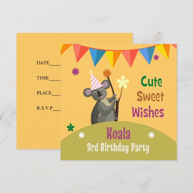 Cute Koala Kids Birthday Party Invitation Card (Front/Back)