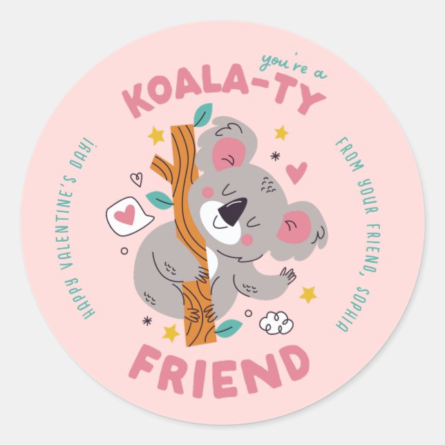 Cute Koala Kid's Classroom Valentine's Day  Classic Round Sticker (Front)