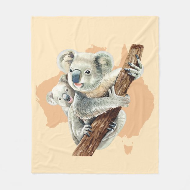 Cute Koala Mom and Baby Fleece Blanket (Front)
