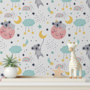 Cute Koala Moon Stars Rainbow Kids Pattern Wallpaper