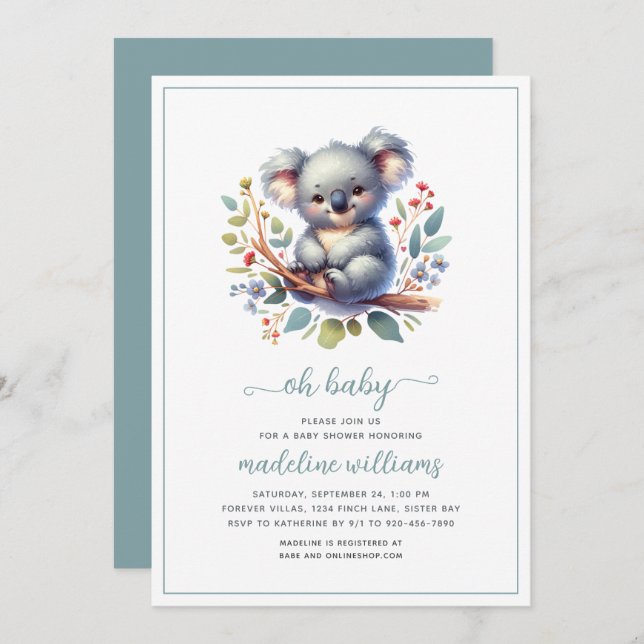 Cute Koala Oh Baby Shower Invitation (Front/Back)