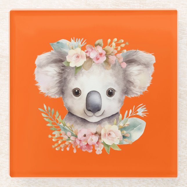 Cute Koala Orange Glass Coaster (Front)
