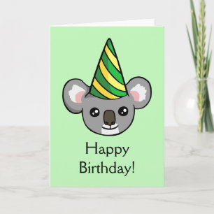 Cute Koala Party Hat Drawing Happy Birthday Card