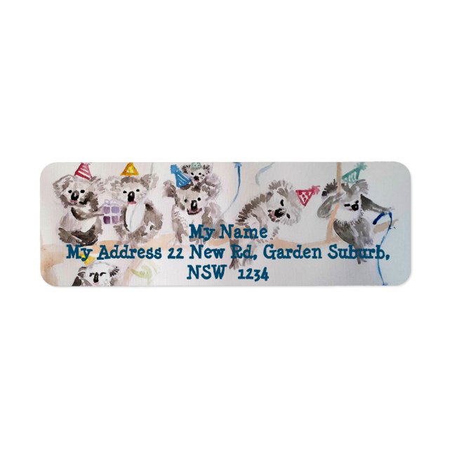 Cute Koala Party Watercolour Return Address Labels (Front)