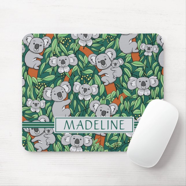 Cute Koala Pattern Personalised Dark Green Mouse Mat (With Mouse)