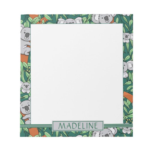 Cute Koala Pattern Personalised Dark Green Notepad (Front)
