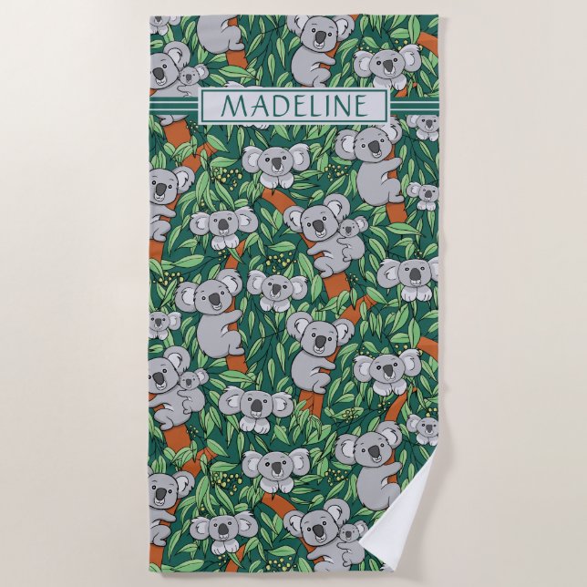 Cute Koala Pattern Personalised Hunter Green Beach Towel (Front)