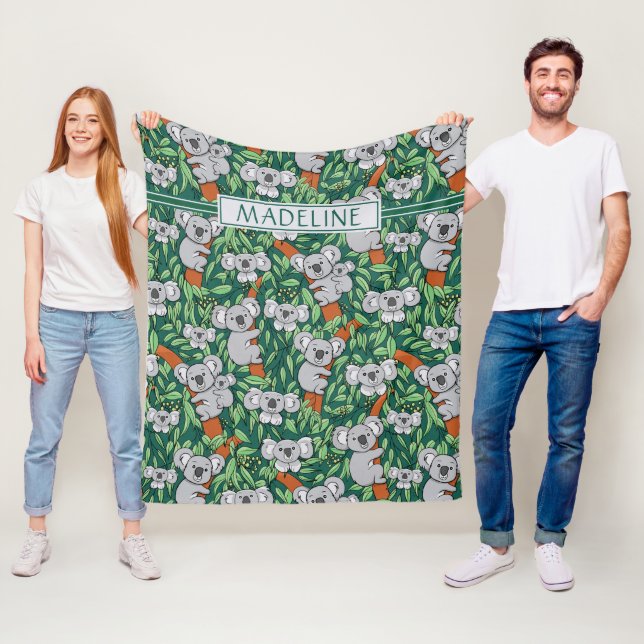 Cute Koala Pattern Personalised Hunter Green Fleece Blanket (In Situ)