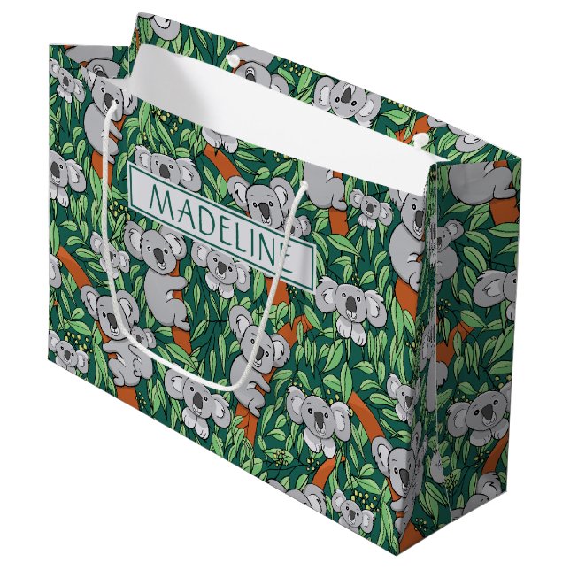 Cute Koala Pattern Personalised Hunter Green Large Gift Bag (Front Angled)