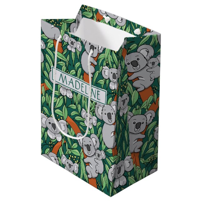 Cute Koala Pattern Personalised Hunter Green Medium Gift Bag (Front Angled)