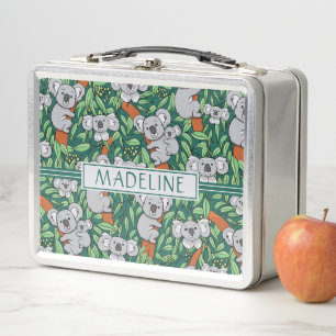 Cute Koala Pattern Personalised Hunter Green Metal Lunch Box